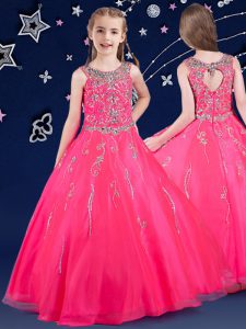 Classical Scoop Sleeveless Organza Floor Length Zipper Little Girl Pageant Dress in Hot Pink with Beading