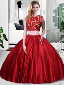 Superior Wine Red Sleeveless Floor Length Lace and Ruching Zipper Sweet 16 Dress