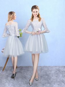 Discount Off The Shoulder Half Sleeves Quinceanera Dama Dress With Train Lace Silver Tulle