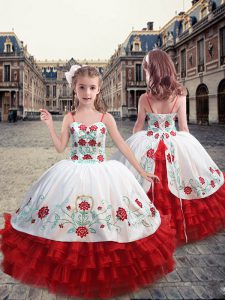 White and Red Straps Neckline Embroidery and Ruffles Kids Formal Wear Sleeveless Lace Up