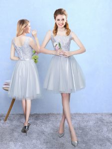 Silver Tulle Lace Up Square Sleeveless Knee Length Damas Dress Lace
