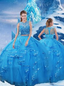 Top Selling Baby Blue Two Pieces Scoop Sleeveless Tulle Floor Length Zipper Beading and Ruffles Quinceanera Gowns