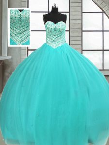 Lovely Turquoise Sleeveless Tulle Lace Up Quince Ball Gowns for Military Ball and Sweet 16 and Quinceanera