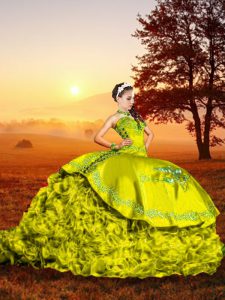 Fabulous Yellow Green Ball Gown Prom Dress Sweetheart Sleeveless Brush Train Lace Up