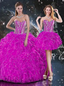 Customized Fuchsia Sweetheart Lace Up Beading and Ruffles Ball Gown Prom Dress Sleeveless