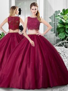 Inexpensive Fuchsia Zipper Scoop Lace and Ruching Vestidos de Quinceanera Tulle Sleeveless