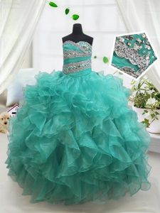 Turquoise Ball Gowns Organza Sweetheart Sleeveless Beading and Ruffles Floor Length Lace Up Child Pageant Dress