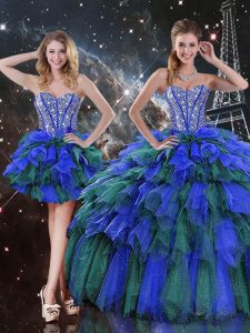 Floor Length Lace Up Sweet 16 Dress Multi-color for Military Ball and Sweet 16 and Quinceanera with Beading and Ruffles and Ruffled Layers
