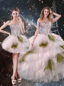 Fancy Champagne Tulle Lace Up Sweetheart Sleeveless Floor Length Quinceanera Dresses Beading and Ruffled Layers and Sequins