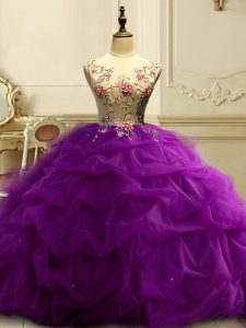 Attractive Sleeveless Organza Floor Length Lace Up Sweet 16 Quinceanera Dress in Purple with Appliques and Ruffles and Sequins