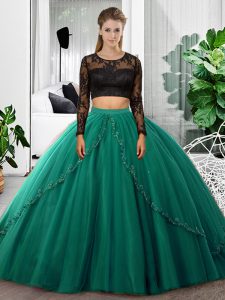 Dark Green Long Sleeves Tulle Backless Quinceanera Gowns for Military Ball and Sweet 16 and Quinceanera