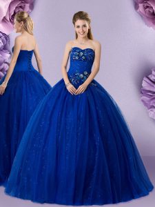 Beading and Appliques Quinceanera Dress Royal Blue Lace Up Sleeveless Floor Length