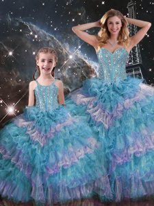 Classical Organza Sleeveless Floor Length Quinceanera Gown and Beading and Ruffled Layers