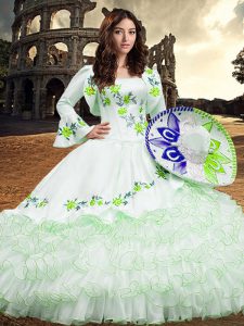 Long Sleeves Organza Floor Length Lace Up 15 Quinceanera Dress in White with Embroidery and Ruffled Layers