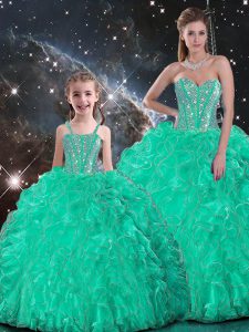 Turquoise Quinceanera Gown Sweet 16 and Quinceanera with Beading and Ruffles Sweetheart Sleeveless Lace Up