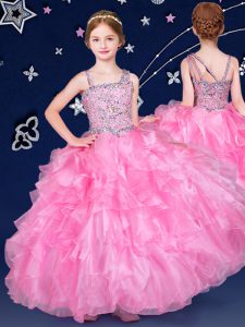 Sleeveless Zipper Floor Length Beading and Ruffles Kids Formal Wear