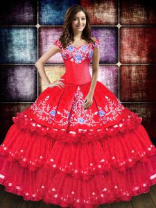 Sweet Ball Gowns Sweet 16 Dress Coral Red Off The Shoulder Taffeta Sleeveless Floor Length Lace Up