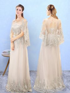 Half Sleeves Floor Length Beading and Appliques Lace Up Vestidos de Damas with Champagne