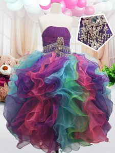 Multi-color Organza Zipper Strapless Sleeveless Floor Length Little Girl Pageant Dress Beading and Ruffles
