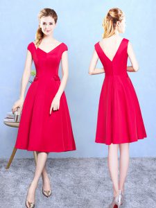 Fashionable Red Empire Satin V-neck Cap Sleeves Ruching Tea Length Zipper Vestidos de Damas