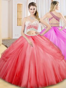 Clearance Coral Red One Shoulder Neckline Beading and Ruching and Pick Ups Sweet 16 Quinceanera Dress Sleeveless Criss Cross