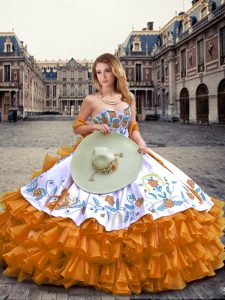 Orange Sleeveless Embroidery and Ruffled Layers Floor Length Vestidos de Quinceanera