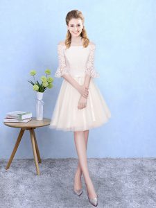 Lace Quinceanera Court of Honor Dress Champagne Lace Up Half Sleeves Knee Length