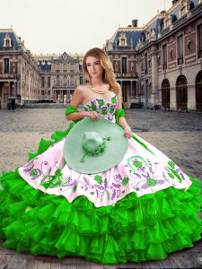 Stunning Green Ball Gowns Embroidery and Ruffled Layers Quinceanera Gown Lace Up Organza and Taffeta Sleeveless Floor Length
