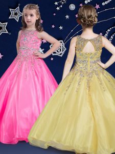 Scoop Hot Pink Sleeveless Floor Length Beading Zipper Little Girls Pageant Gowns