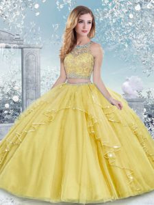 Floor Length Clasp Handle Quince Ball Gowns Gold for Military Ball and Sweet 16 and Quinceanera with Beading and Lace