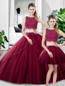 Eye-catching Fuchsia Tulle Zipper Scoop Sleeveless Floor Length Quinceanera Gowns Lace and Ruching