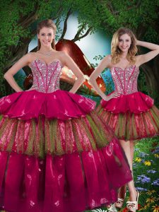 Noble Burgundy Lace Up Ball Gown Prom Dress Beading and Ruffled Layers Sleeveless Floor Length