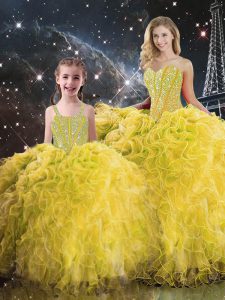 Designer Floor Length Lace Up Vestidos de Quinceanera Yellow for Military Ball and Sweet 16 and Quinceanera with Beading and Ruffles