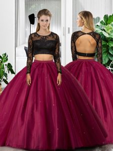Fuchsia Two Pieces Scoop Long Sleeves Tulle Floor Length Backless Lace and Ruching Quince Ball Gowns