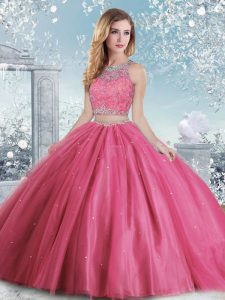 Spectacular Scoop Sleeveless Quinceanera Gowns Floor Length Beading and Sequins Hot Pink Tulle