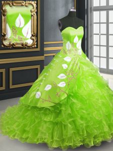 Dazzling Sweetheart Sleeveless Organza Quinceanera Gowns Embroidery Brush Train Lace Up