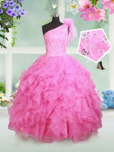 One Shoulder Sleeveless Lace Up Floor Length Beading and Ruffles and Hand Made Flower Little Girl Pageant Dress