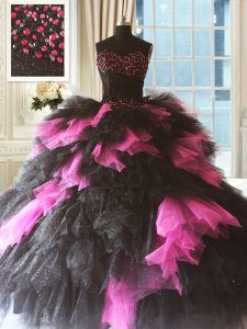 Pink And Black Sleeveless Beading and Ruffles Floor Length Sweet 16 Dresses