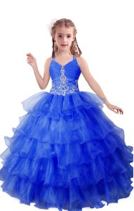 Blue Sleeveless Organza Zipper Little Girls Pageant Gowns for Quinceanera and Wedding Party