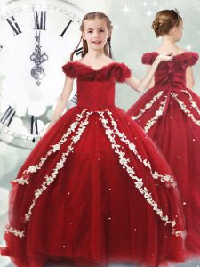 Fantastic Appliques Little Girl Pageant Gowns Wine Red Lace Up Sleeveless Brush Train