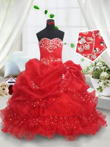 Red Ball Gowns Beading and Ruffled Layers and Sequins and Pick Ups Child Pageant Dress Lace Up Organza Sleeveless Floor Length