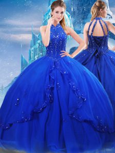 Royal Blue Ball Gowns High-neck Sleeveless Tulle Brush Train Lace Up Beading and Ruffles Quinceanera Gown