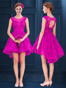 Fuchsia Lace Up Quinceanera Dama Dress Lace and Belt Sleeveless High Low