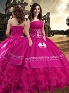 Floor Length Hot Pink Quinceanera Gown Taffeta Sleeveless Embroidery and Ruffled Layers