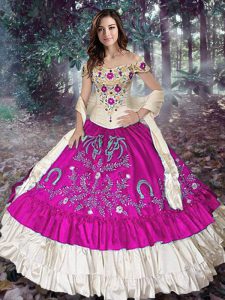 Fuchsia Ball Gown Prom Dress Military Ball and Sweet 16 and Quinceanera with Embroidery and Ruffled Layers Off The Shoulder Sleeveless Lace Up