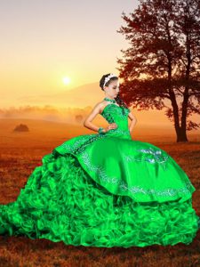 Ideal Sweetheart Sleeveless Sweet 16 Dress Brush Train Embroidery and Ruffles Green Organza