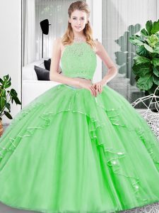 Floor Length Quinceanera Gown Tulle Sleeveless Lace and Ruffled Layers