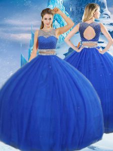Royal Blue Tulle Clasp Handle Scoop Sleeveless Asymmetrical 15th Birthday Dress Beading and Sequins