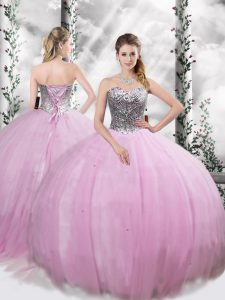 Lilac Lace Up Sweetheart Beading Quinceanera Dress Tulle Sleeveless Brush Train