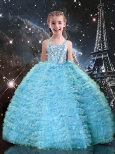 Aqua Blue Child Pageant Dress Quinceanera and Wedding Party with Beading and Ruffled Layers Straps Sleeveless Lace Up